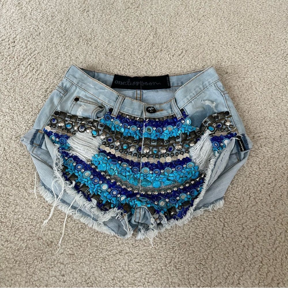 RARE One Teaspoon mermaidcore shorts w/ blue sequins, beading, + rocks/crystals